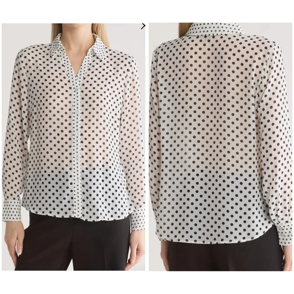 NWT Adrianna Papell Sheer Polka Dot Chiffon V Blouse Black White Size Large - Picture 17 of 17